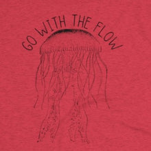 Load image into Gallery viewer, Red Tee Shirt with Jelly Fish  with wording: Go with the Flow
