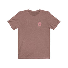 Load image into Gallery viewer, Heather mauve  front of shirt with a pink house with heart on chest
