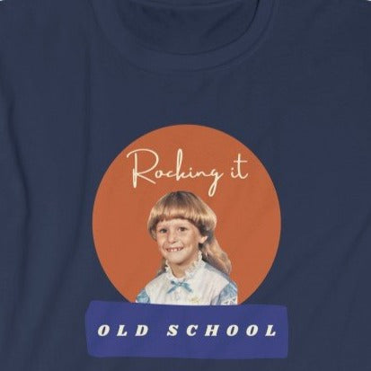 Navy tee Shirt with picture of Vintage Little Girl, wording: Rocking it Old School