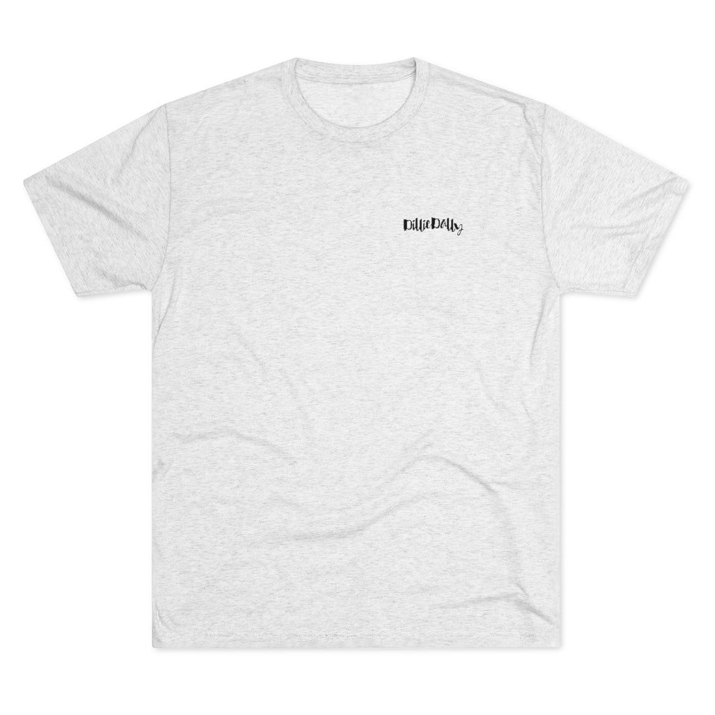 Heather White T Shirt (front) with DillieDally Logo on left chest