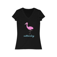 Load image into Gallery viewer, Black Tee Shirt with Pink Flamingo and wording: Outstanding
