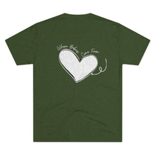 Load image into Gallery viewer, Military Green  Back of tee shirt with a heart and arrow and white wording: Where babies come from
