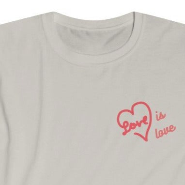 Ice Grey Tee Shirt with Red heart and wording: Love is love