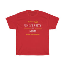 Load image into Gallery viewer, Red tee shirt with yellow spoon and embellishments and white and yellow wording: University of mom, school of hard knocks
