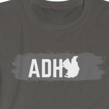 Load image into Gallery viewer, Charcoal Grey Tee shirt with white lettering :ADH and then the  silhouette of a squirrel
