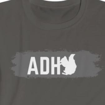 Charcoal Grey Tee shirt with white lettering :ADH and then the  silhouette of a squirrel