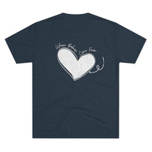 Load image into Gallery viewer, Navy  Back of tee shirt with a heart and arrow and white wording: Where babies come from
