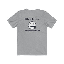 Load image into Gallery viewer, Athletic Heather Back of Tee Shirt with a zippered mouth face and black wording Life is better when your mouth is shut
