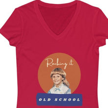 Load image into Gallery viewer, Red V Neck Tee Shirt with picture of Vintage Little Girl, wording: Rocking it Old School
