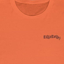 Load image into Gallery viewer, Orange Front of Tee Shirt with brown Dilliedally logo on left chest
