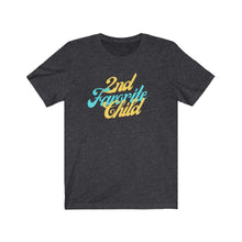 Load image into Gallery viewer, Dark Heather grey Tee shirt with Blue and yellow wording: 2nd favorite child
