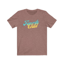 Load image into Gallery viewer, Heather mauve Tee shirt with Blue and yellow wording: favorite child
