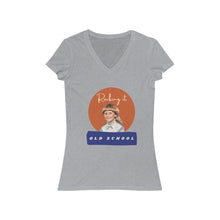 Load image into Gallery viewer, Athletic Grey V Neck Tee Shirt with picture of Vintage Little Girl, wording: Rocking it Old School
