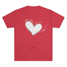 Load image into Gallery viewer, red  Back of tee shirt with a heart and arrow and white wording: Where babies come from
