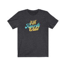 Load image into Gallery viewer, Dark heather grey Tee shirt with Blue and yellow wording: 4th favorite child
