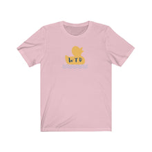 Load image into Gallery viewer, Pink Tee Shirt with picture of yellow ducky and waves with blue lettering: WTD
