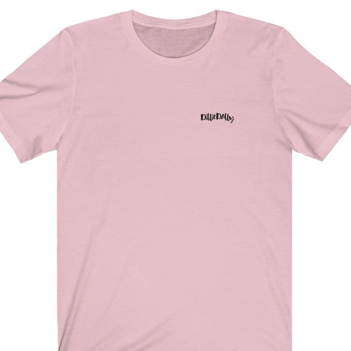 Pink T shirt with DillieDally Logo on left chest