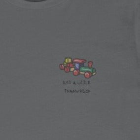 Asphalt Grey Tee with toy train and wording : Just a Little Trainwreck