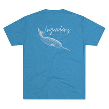 Load image into Gallery viewer, Teal Tshirt with Narwhal and white wording Legendary
