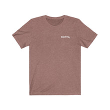 Load image into Gallery viewer, Heather Mauve Front of Tee shirt with white DillieDally Logo over left chest
