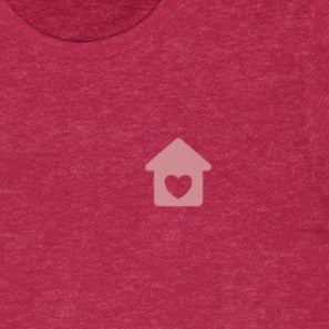 Red front of shirt with a pink house with heart on chest 