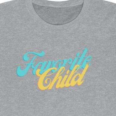 Grey Tee shirt with Blue and yellow wording: favorite child