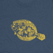 Load image into Gallery viewer, Heather Navy T Shirt with yellow Flounder
