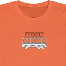 Load image into Gallery viewer, Orange Tee Shirt with a Bus, DillieDally Logo and wording: Bussin&#39;
