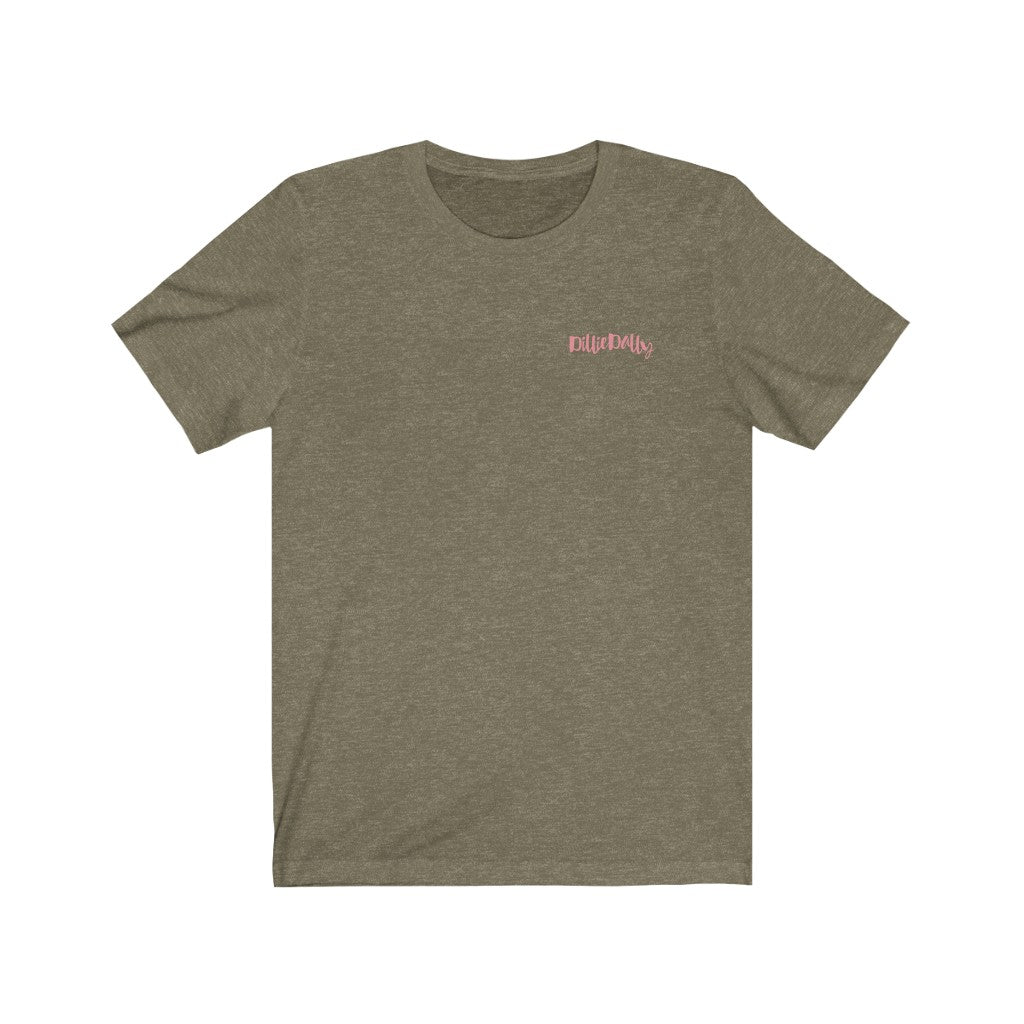 Heather Olive  Front of Tee Shirt with Pink DillieDally Logo on left chest