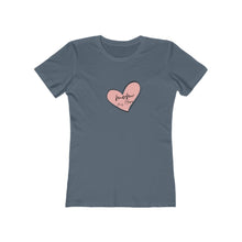 Load image into Gallery viewer, Indigo Tee Shirt with Pink Heart and black wording: mom, my hero
