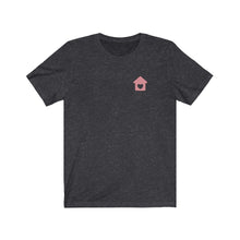 Load image into Gallery viewer, Dark Heather grey  front of shirt with a pink house with heart on chest
