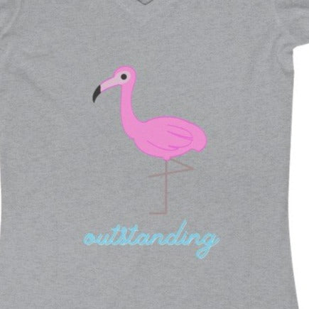 Grey Tee Shirt with  Pink Flamingo and wording: Outstanding