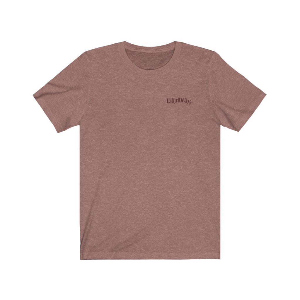 Heather Mauve Front of Tee Shirt with brown Dilliedally logo on left chest