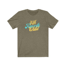 Load image into Gallery viewer, olive green Tee shirt with Blue and yellow wording: 4th favorite child
