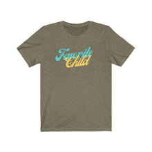 Load image into Gallery viewer, Olive Tee shirt with Blue and yellow wording: favorite child
