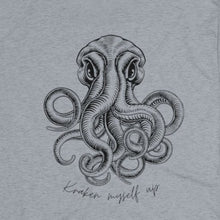 Load image into Gallery viewer, Heather Grey Tee Shirt with  a Kraken wording: Kraken myself up
