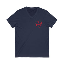 Load image into Gallery viewer, Blue V Neck Tee Shirt with red heart and word: love
