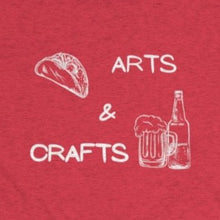 Load image into Gallery viewer, Red Tee Shirt with Picture of taco and beer with white wording Arts &amp; Crafts
