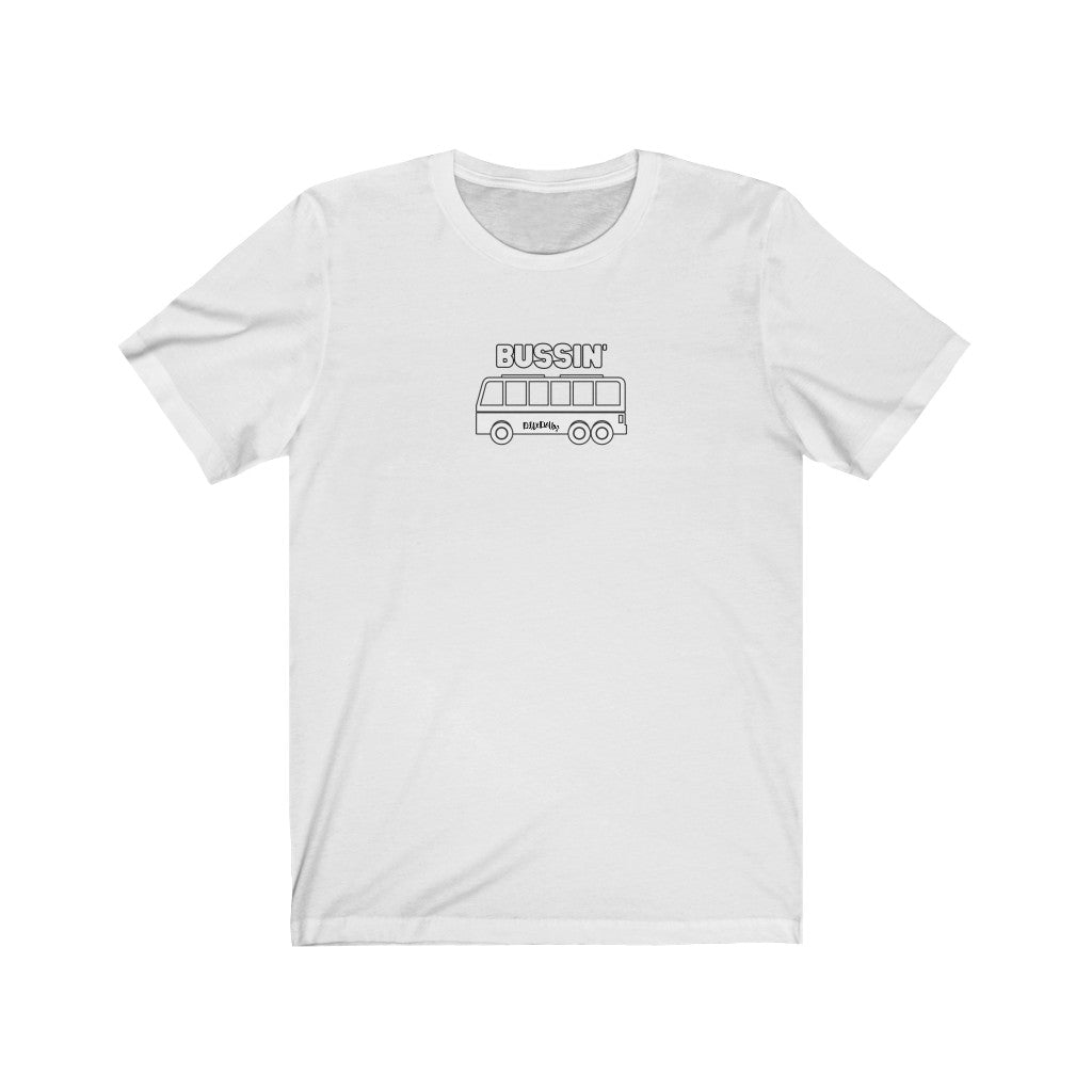 White  Tee Shirt with a Bus, DillieDally Logo and wording: Bussin'