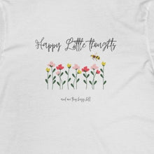 Load image into Gallery viewer, heather grey/white  T shirt with flowers and bee and wording: happy little thoughts and one tiny buzz kill
