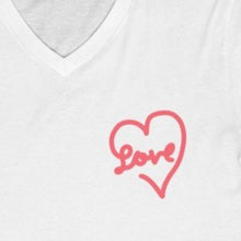 Load image into Gallery viewer, White V Neck Tee Shirt with red heart and word: love
