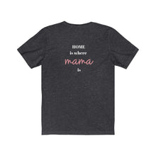 Load image into Gallery viewer, Dark Heather grey Back of tee shirt with wording in pink and white: home is where mama is
