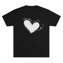 Load image into Gallery viewer, Black  Back of tee shirt with a heart and arrow and white wording: Where babies come from
