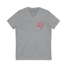 Load image into Gallery viewer, Athletic Grey V Neck Tee Shirt with red heart and word: love
